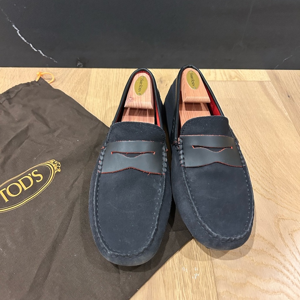 Tod's x Ferrari Blue Suede Slip-On Loafers with Red Detail